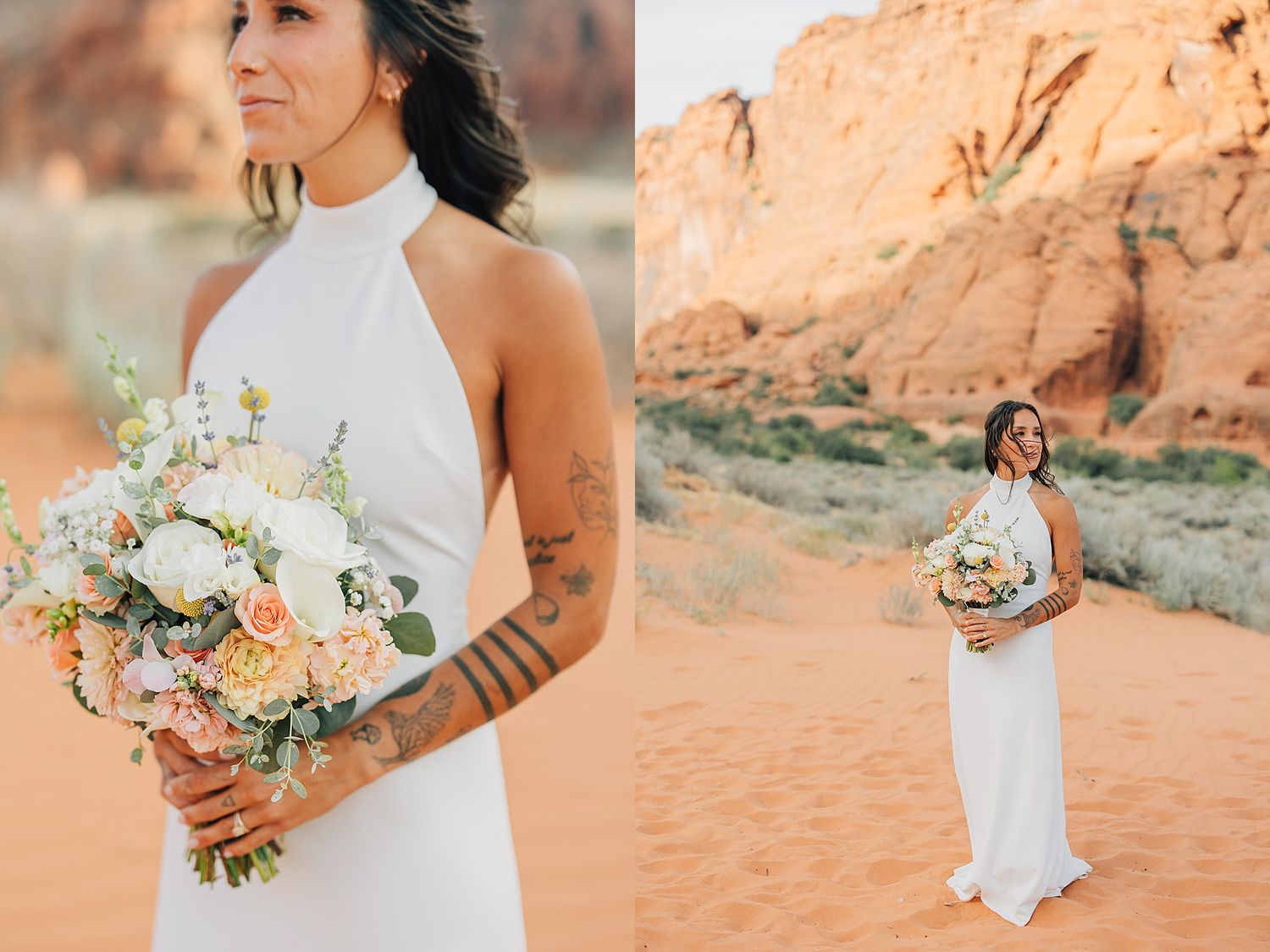 Bride in a white halter gown holds a pastel bouquet in a red sand desert with towering rock formations.