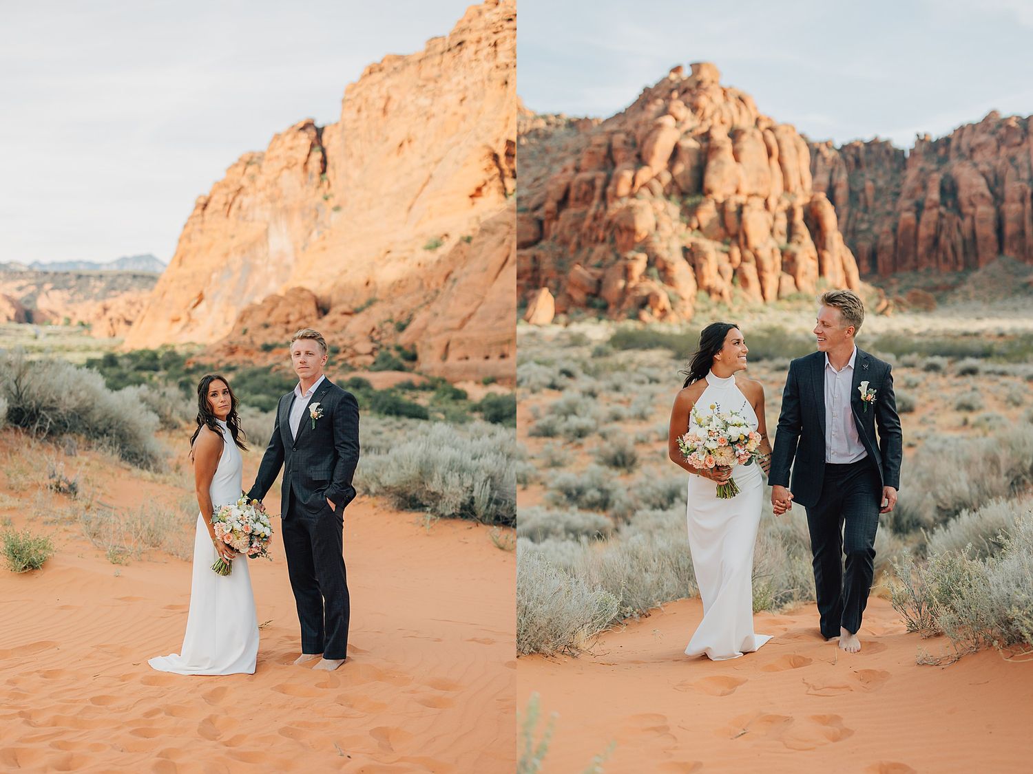 Bride and groom walking on red sand dunes with stunning desert rock formations in the background during their outdoor wedding.