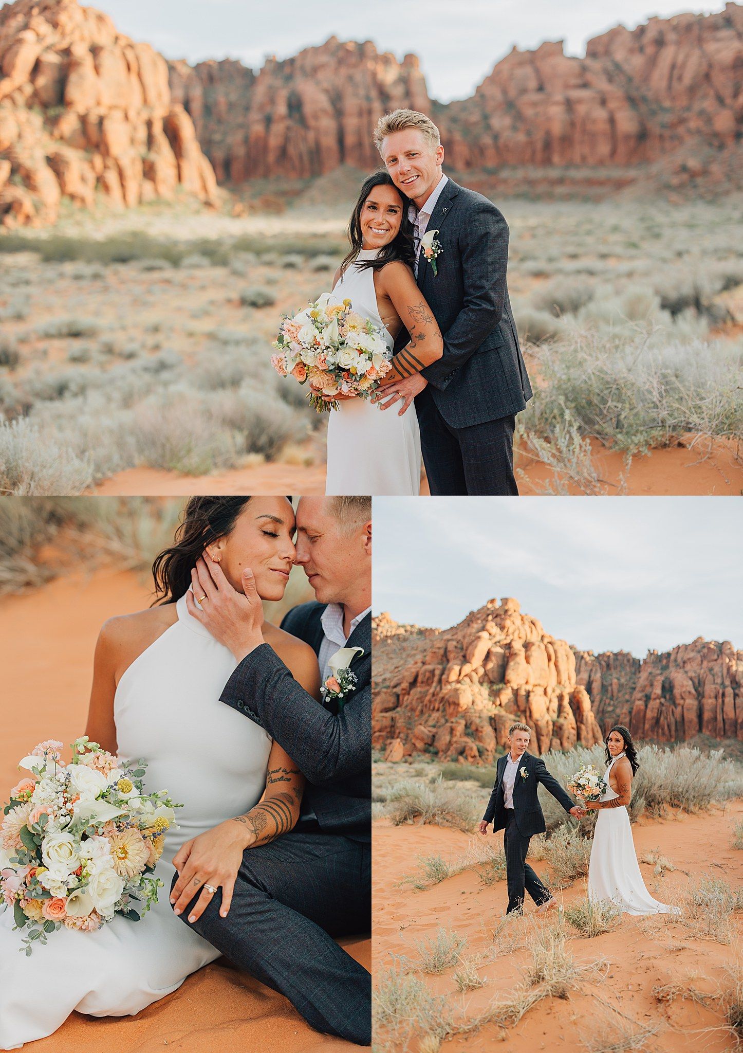 Couple poses for wedding photos in red rock desert landscape, bride holding floral bouquet in white gown, groom in navy suit.