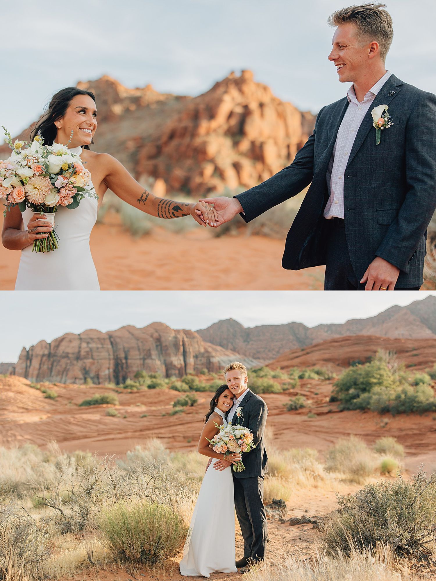 Bride and groom hold hands and embrace in a stunning red rock desert landscape, bride holding a pastel floral bouquet.