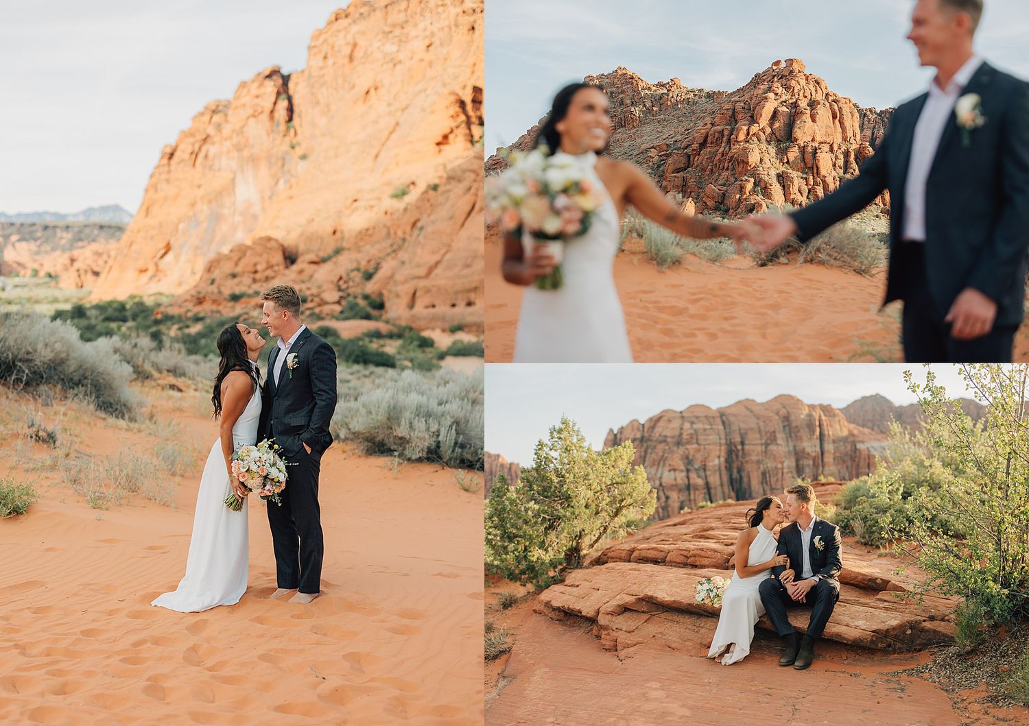 Collage of bride and groom sharing romantic moments in stunning red rock desert setting during their wedding day.