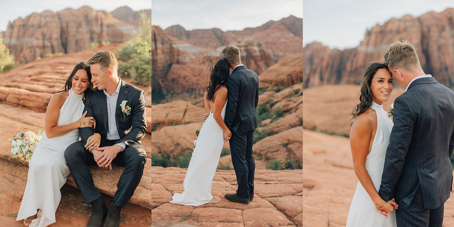 Couple in wedding attire poses on red rock formations at Zion National Park, bride holding white bouquet.