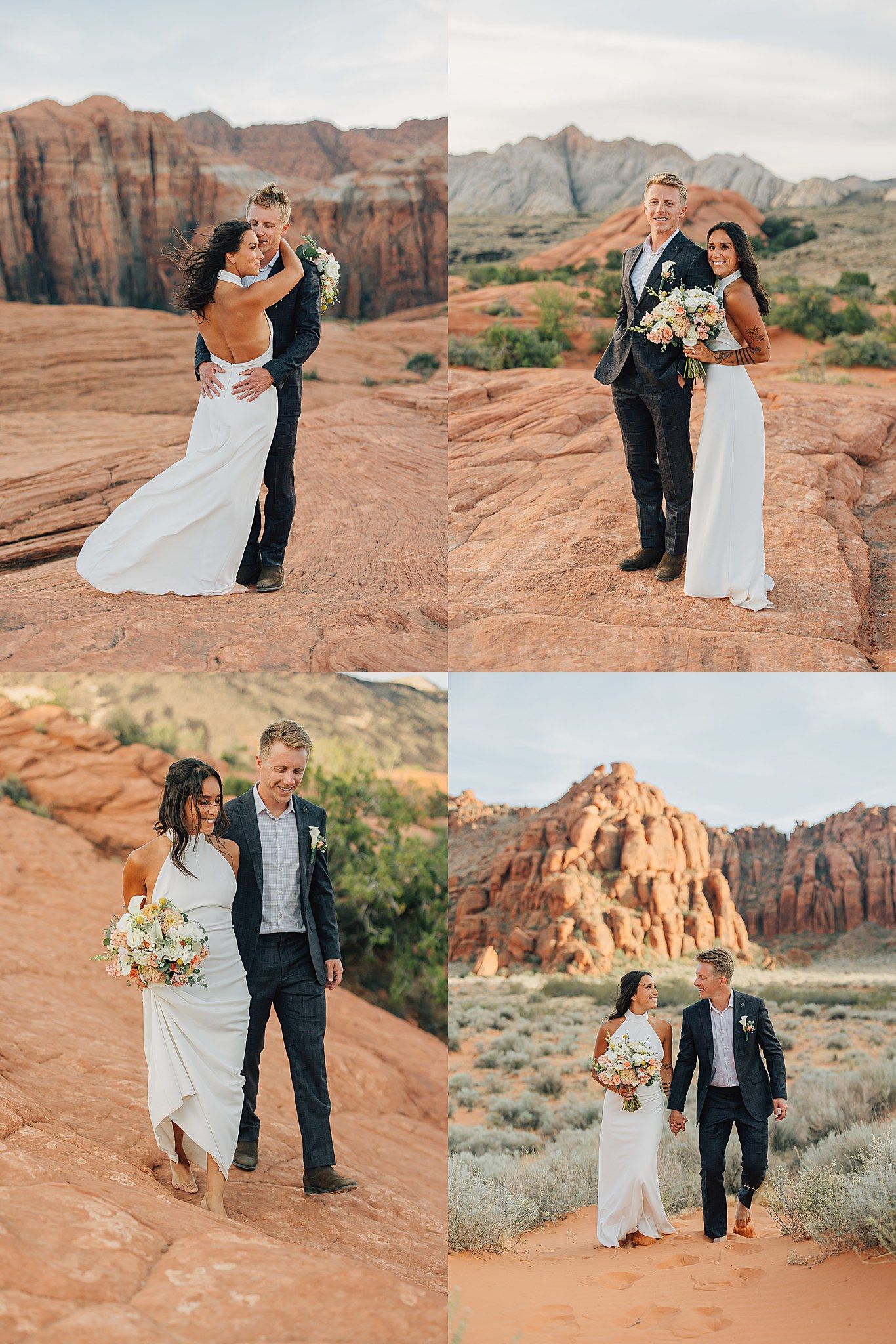 Bride and groom share romantic embrace in red rock desert landscape during outdoor wedding photo session.