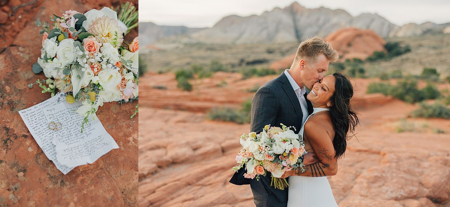 Bride and groom embracing at red rock desert elopement with floral bouquet and scenic canyon backdrop.