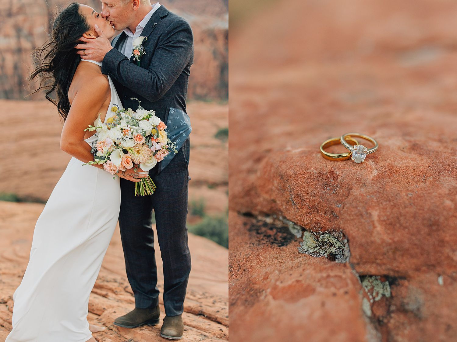 Couple kissing at red rock canyon elopement with bouquet and gold wedding rings on sandstone.