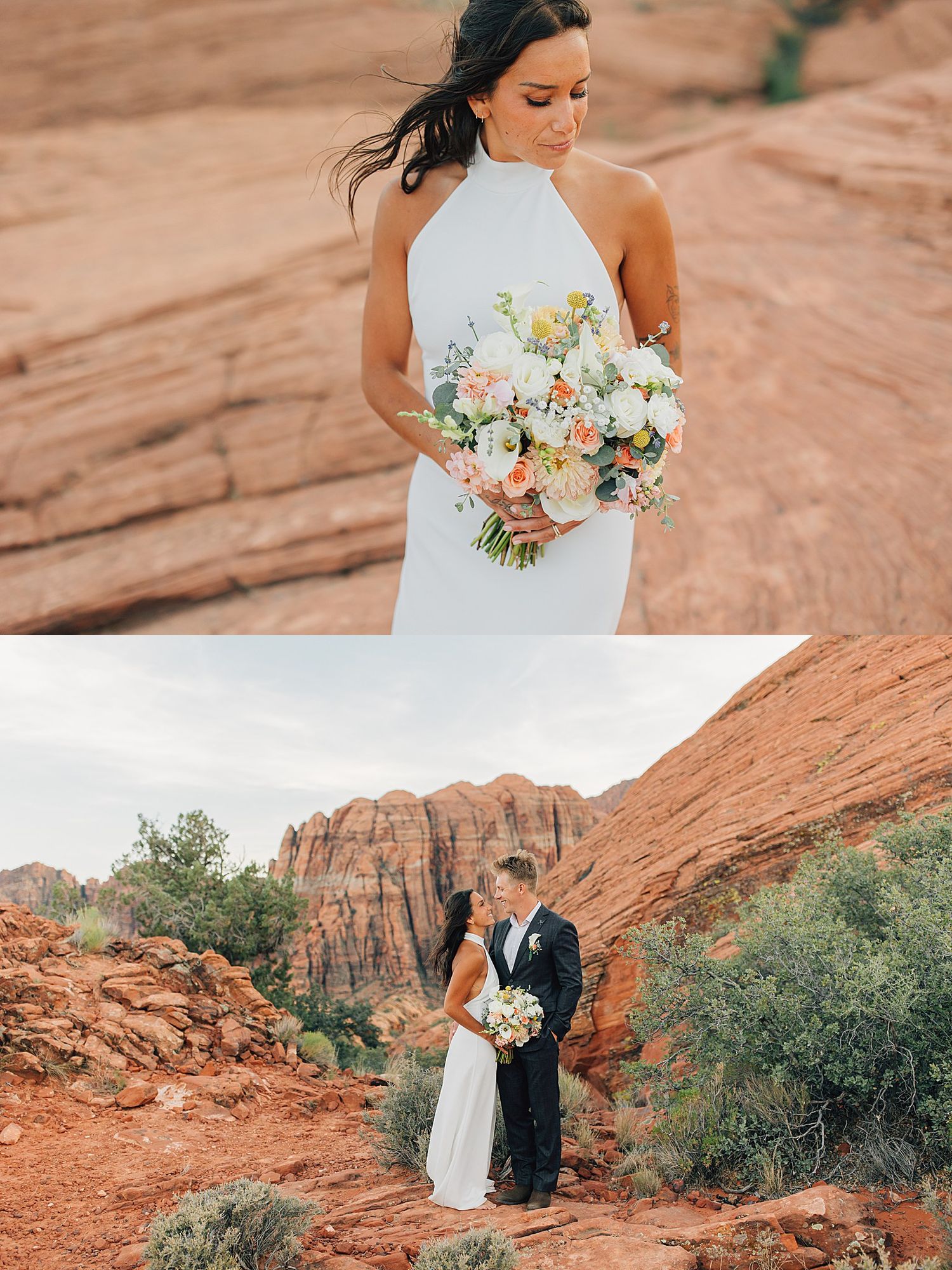 Bride in white halter gown holding pastel bouquet at red rock canyon, couple embracing among Sedona sandstone formations.