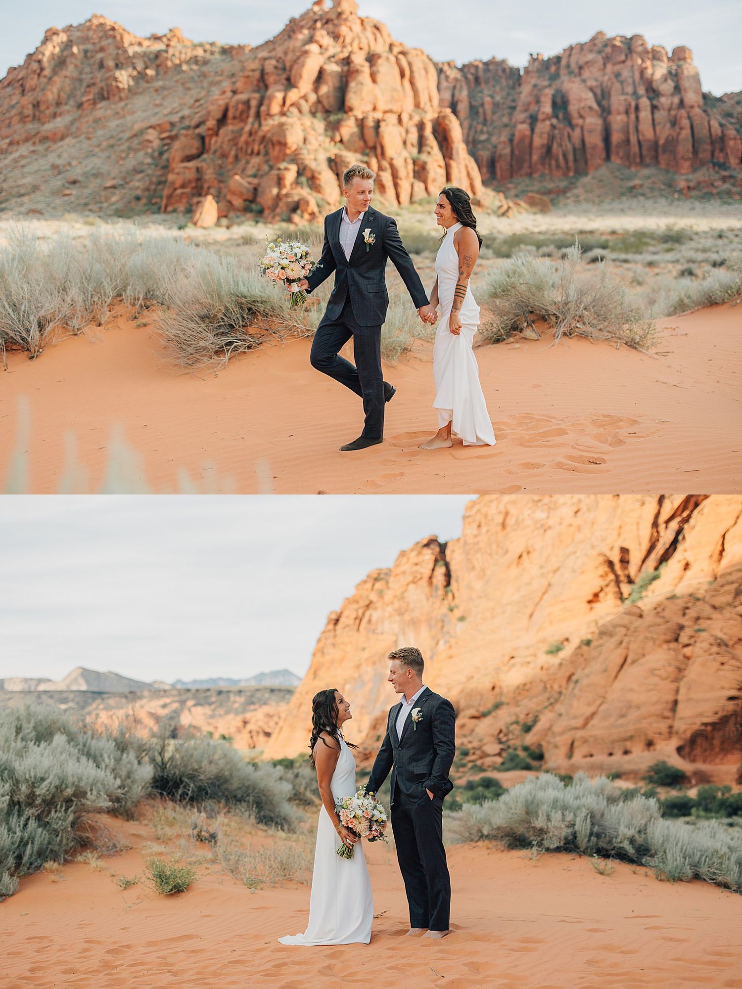 Bride and groom walking hand in hand on red sand dunes with stunning red rock formations in the desert background.