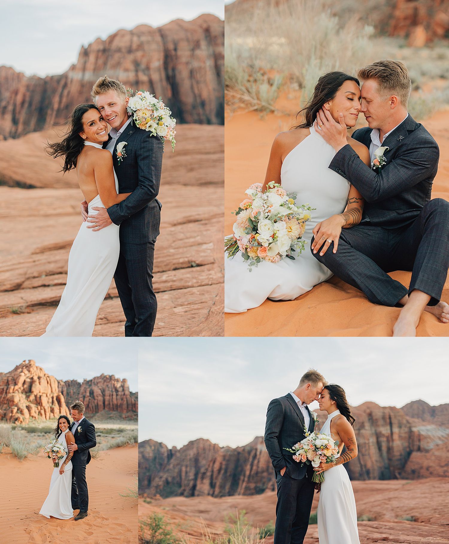 Couple in wedding attire poses romantically among red rock desert sand dunes during outdoor elopement photo session.