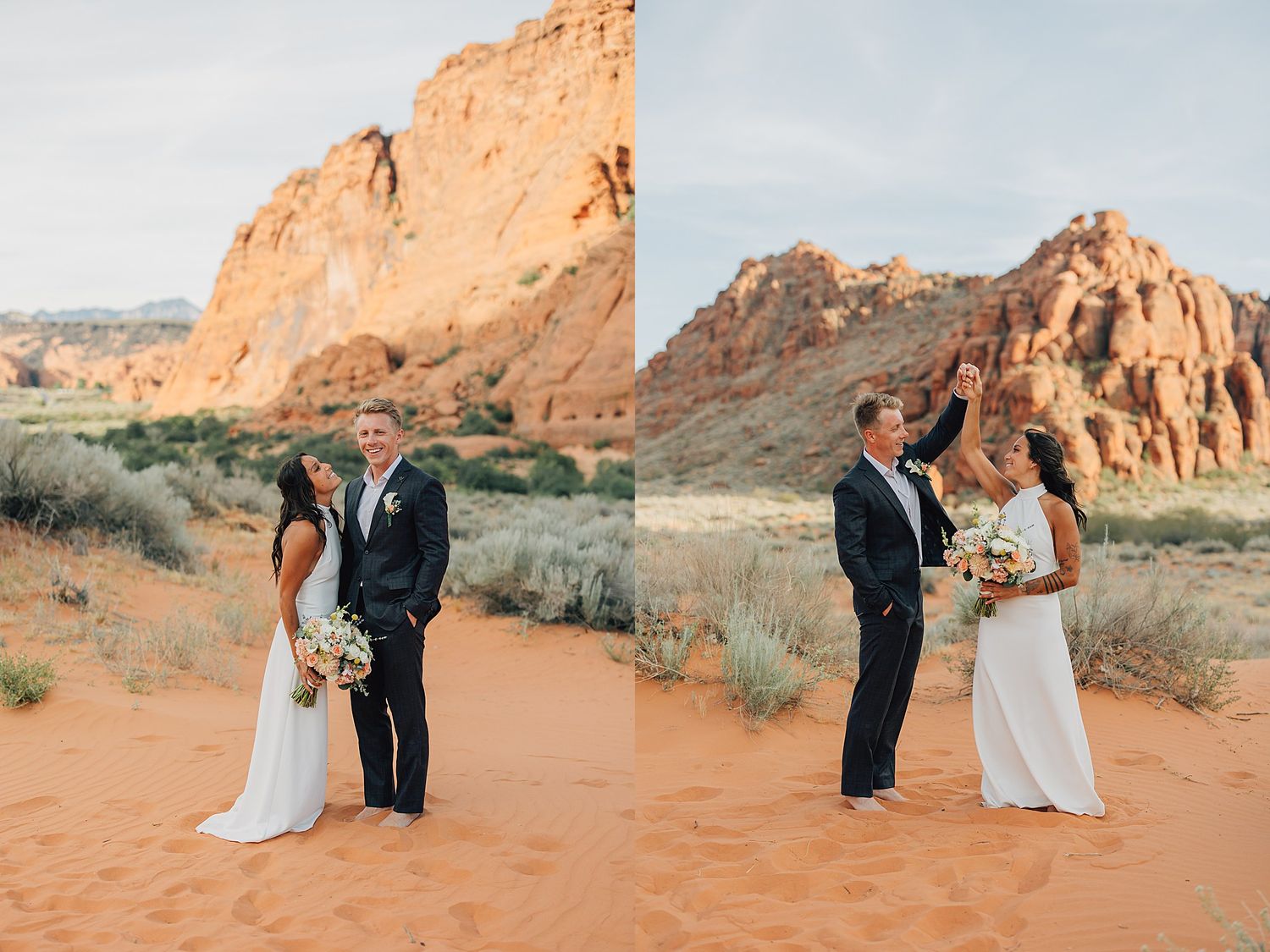 Bride and groom posing on red sand dunes with dramatic sandstone rock formations in a desert landscape.