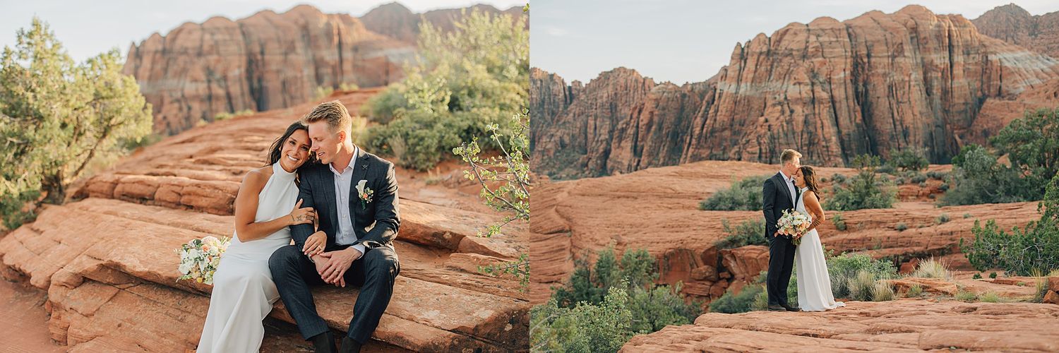 Couple in wedding attire posing on red rock formations in Sedona Arizona with stunning sandstone cliffs backdrop.
