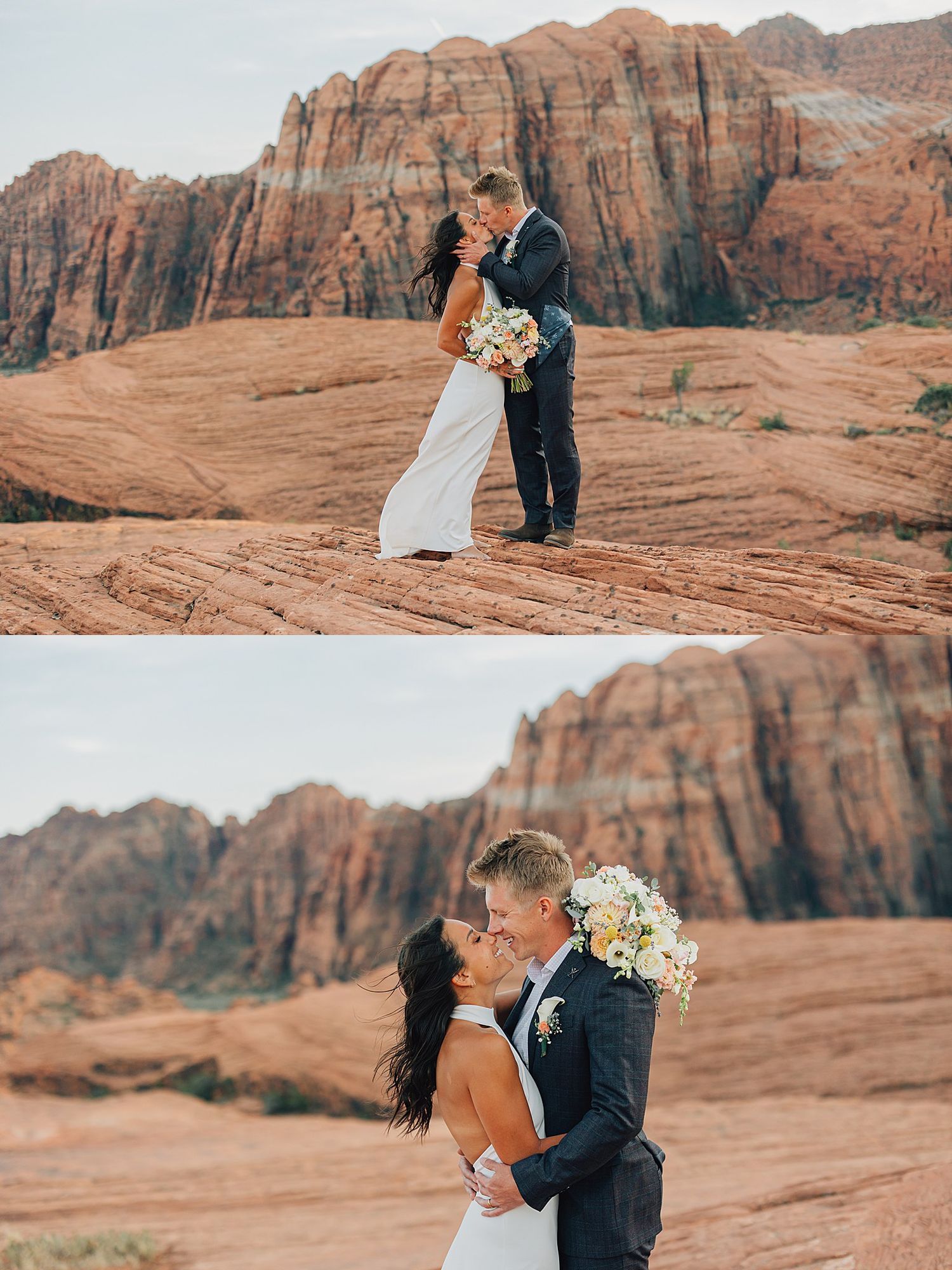Bride and groom share a romantic kiss on red rock desert landscape at Snow Canyon State Park wedding.