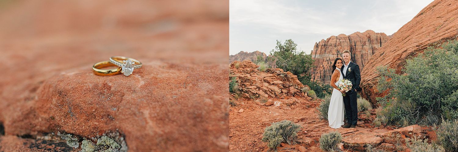 Wedding rings on red rock in Sedona with couple posing among red sandstone formations in background.