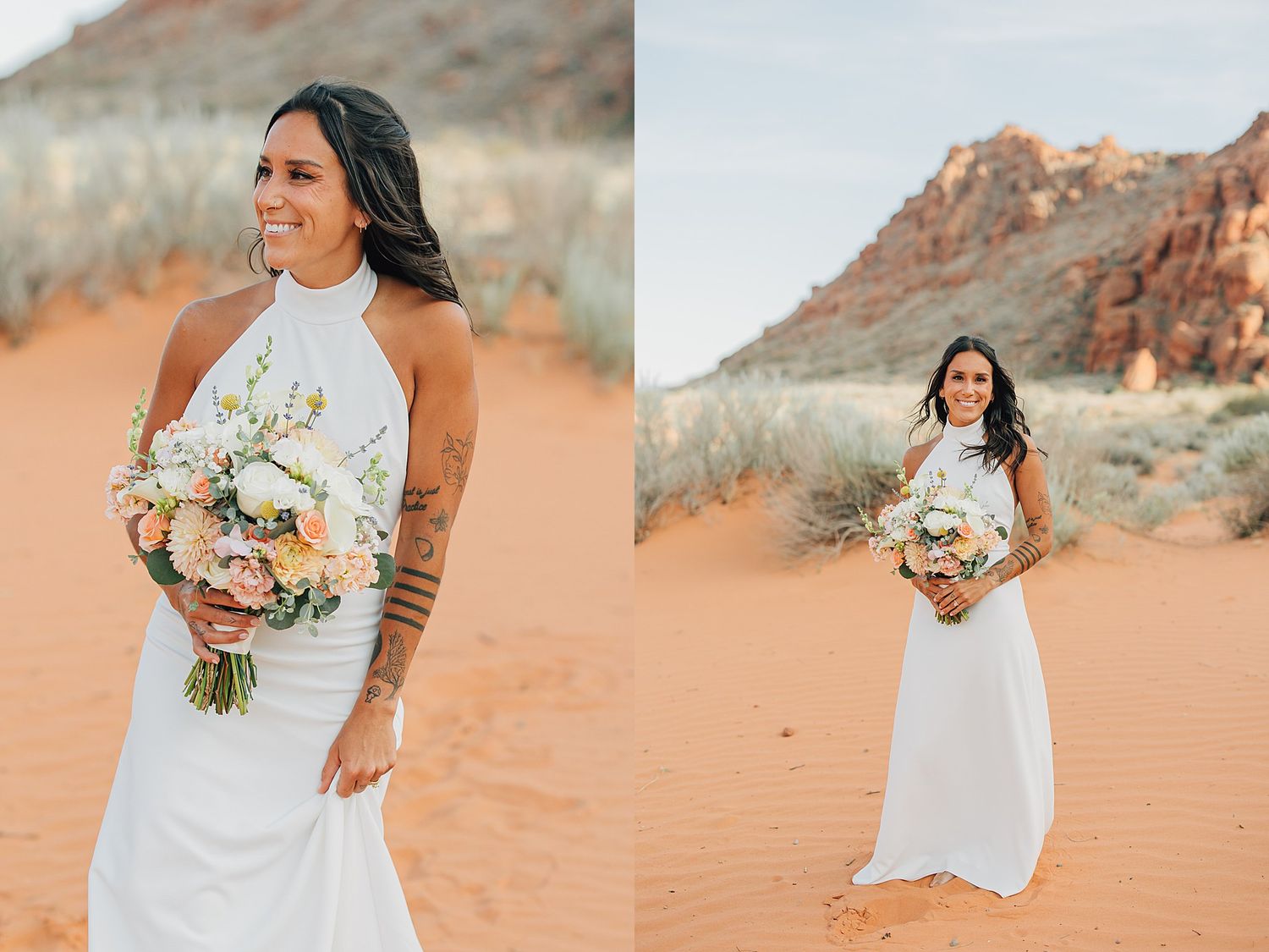 Bride in white halter gown holding pastel bouquet poses on red sand dunes with desert rock formations behind her.