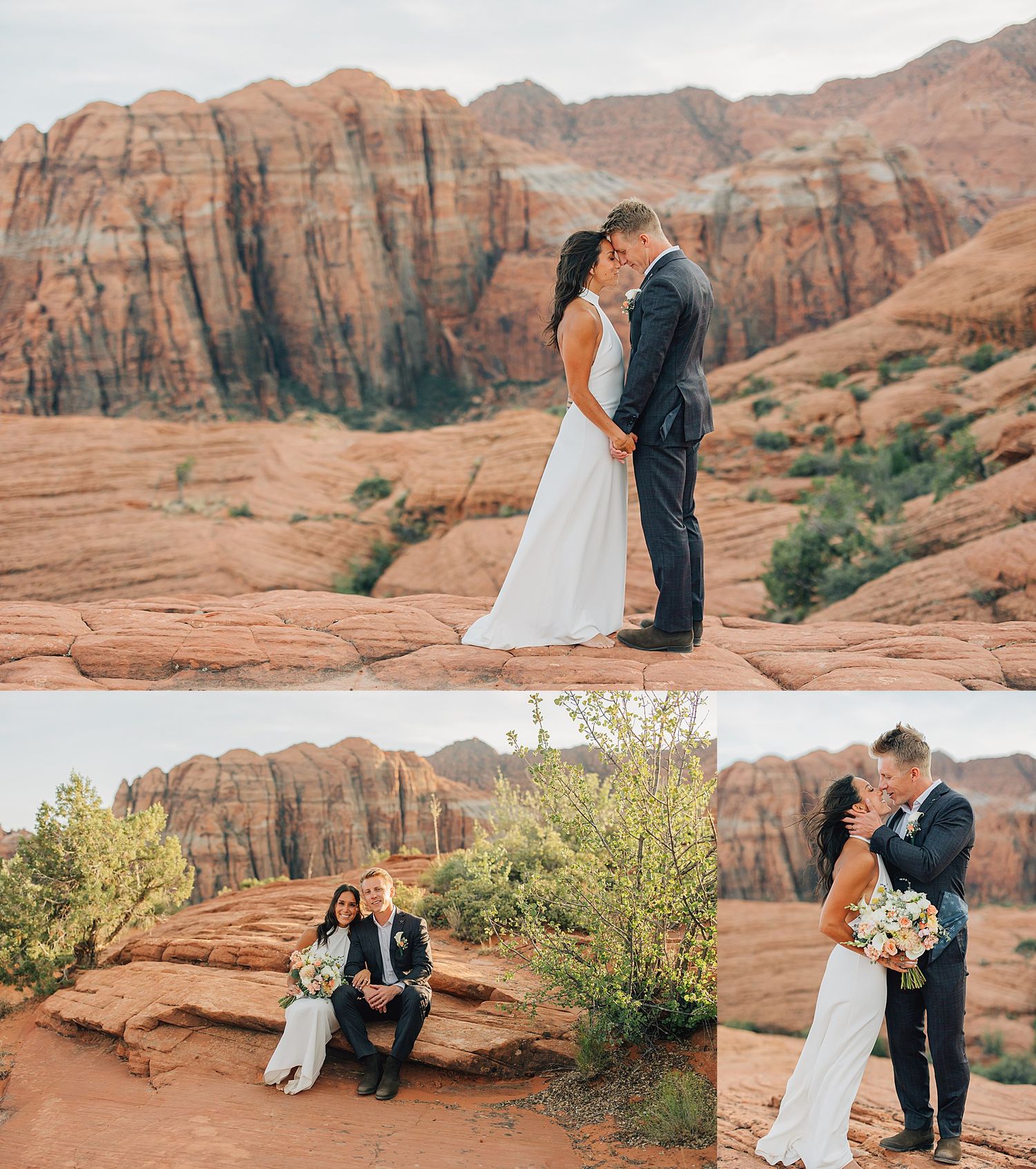 Couple shares a kiss during their outdoor wedding at Red Rock Canyon, surrounded by stunning sandstone formations.