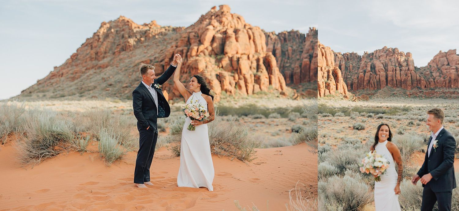 Couple exchanges vows during desert elopement ceremony with stunning red rock formations at Snow Canyon State Park.