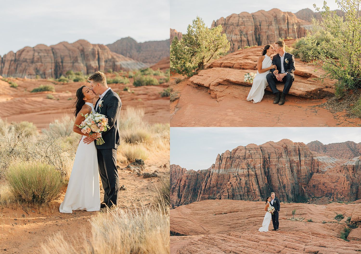 Bride and groom share romantic kiss and portraits on red rock desert landscape with stunning sandstone cliffs backdrop.