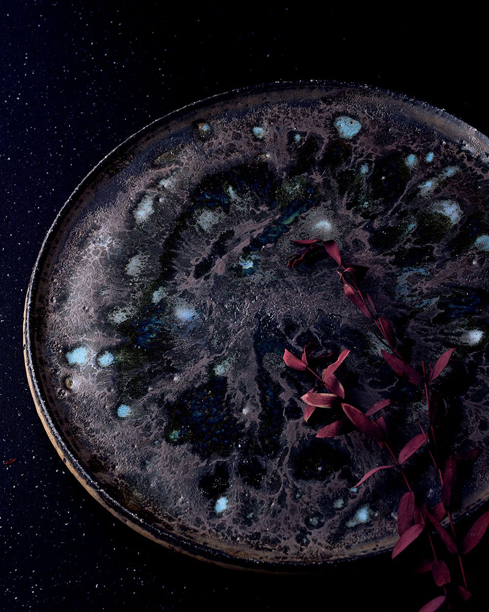 Dark ceramic plate with blue speckles and red botanical garnish on black background.