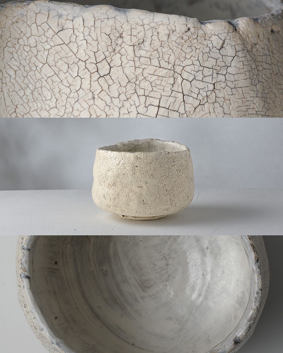Three ceramic pieces showcasing crackle glaze texture, a small white tea bowl, and a smooth interior of a handmade pottery vessel.