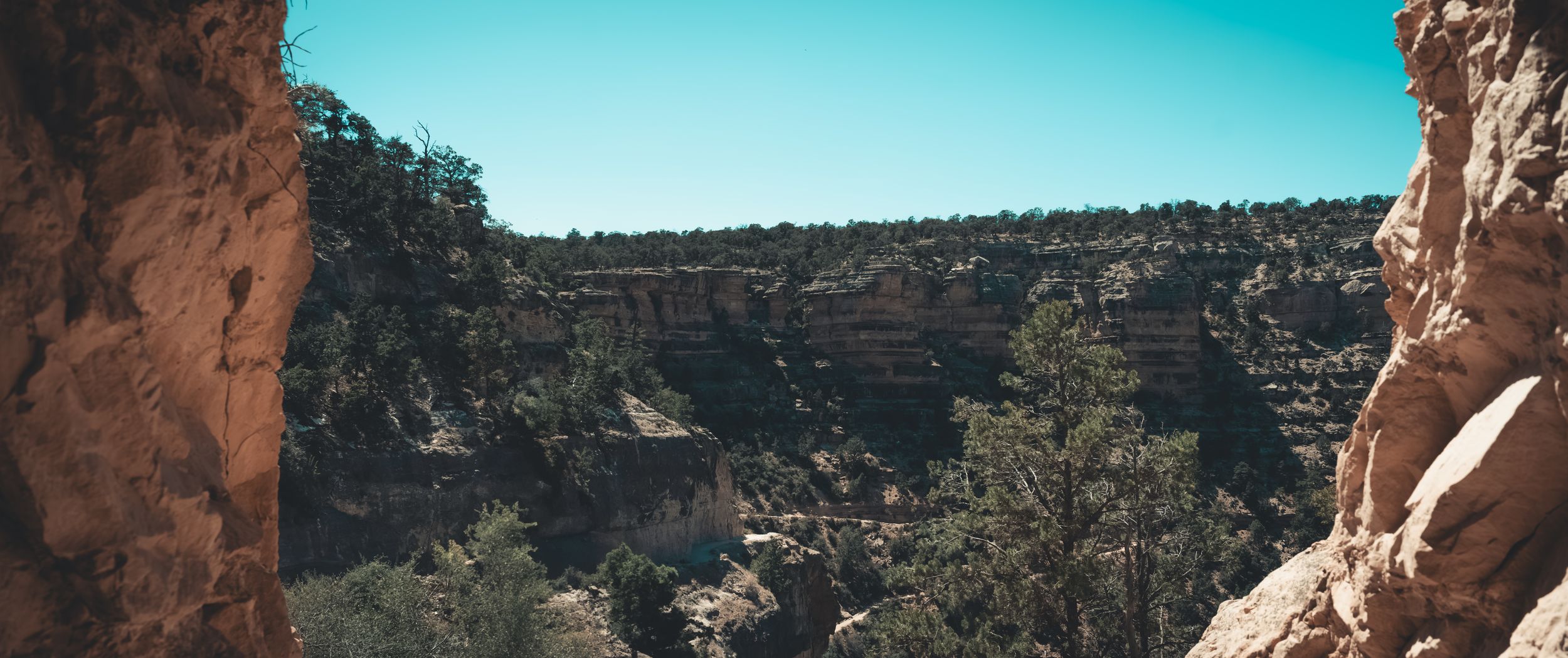 Narrow canyon passage revealing red sandstone cliffs and green mesa top under clear blue sky in American Southwest desert.