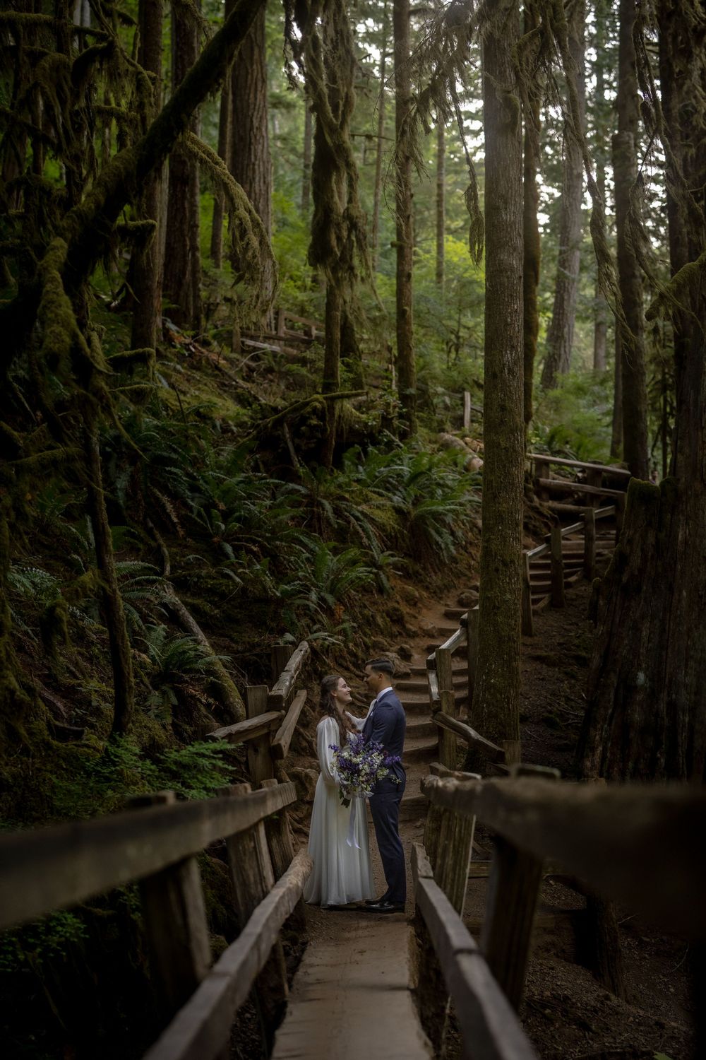 Bride and groom stand on a wooden forest boardwalk surrounded by tall mossy trees in a lush green woodland setting.