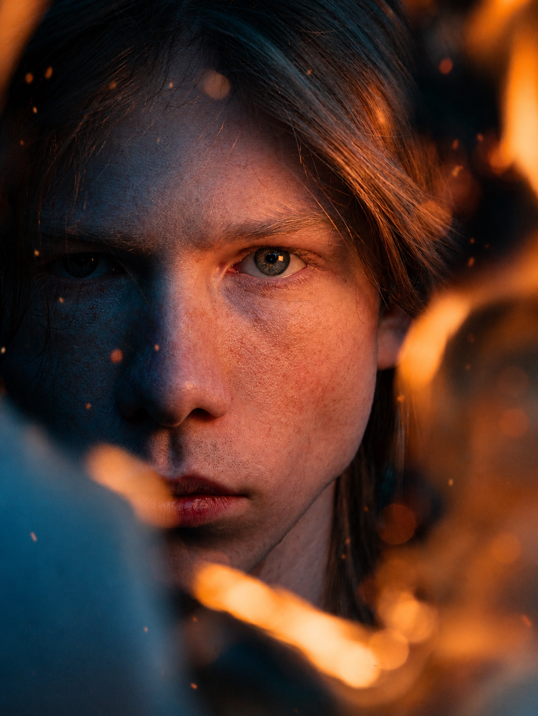 Close-up portrait of a young person with freckles and long hair, dramatically lit by warm orange firelight.