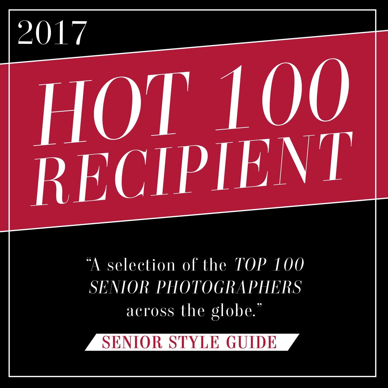 2017 Hot 100 Recipient award badge for top senior photographers in red and white design.