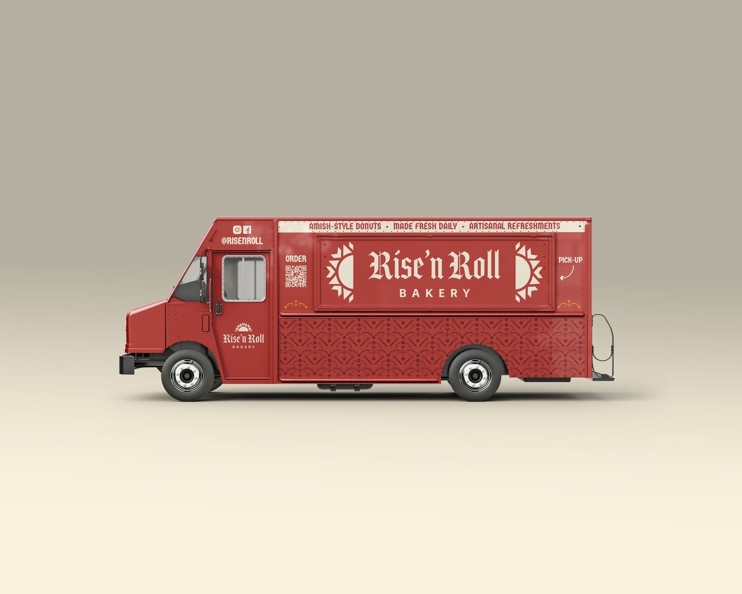 Rise n Roll Bakery food truck in cream and red livery on a bold red background.
