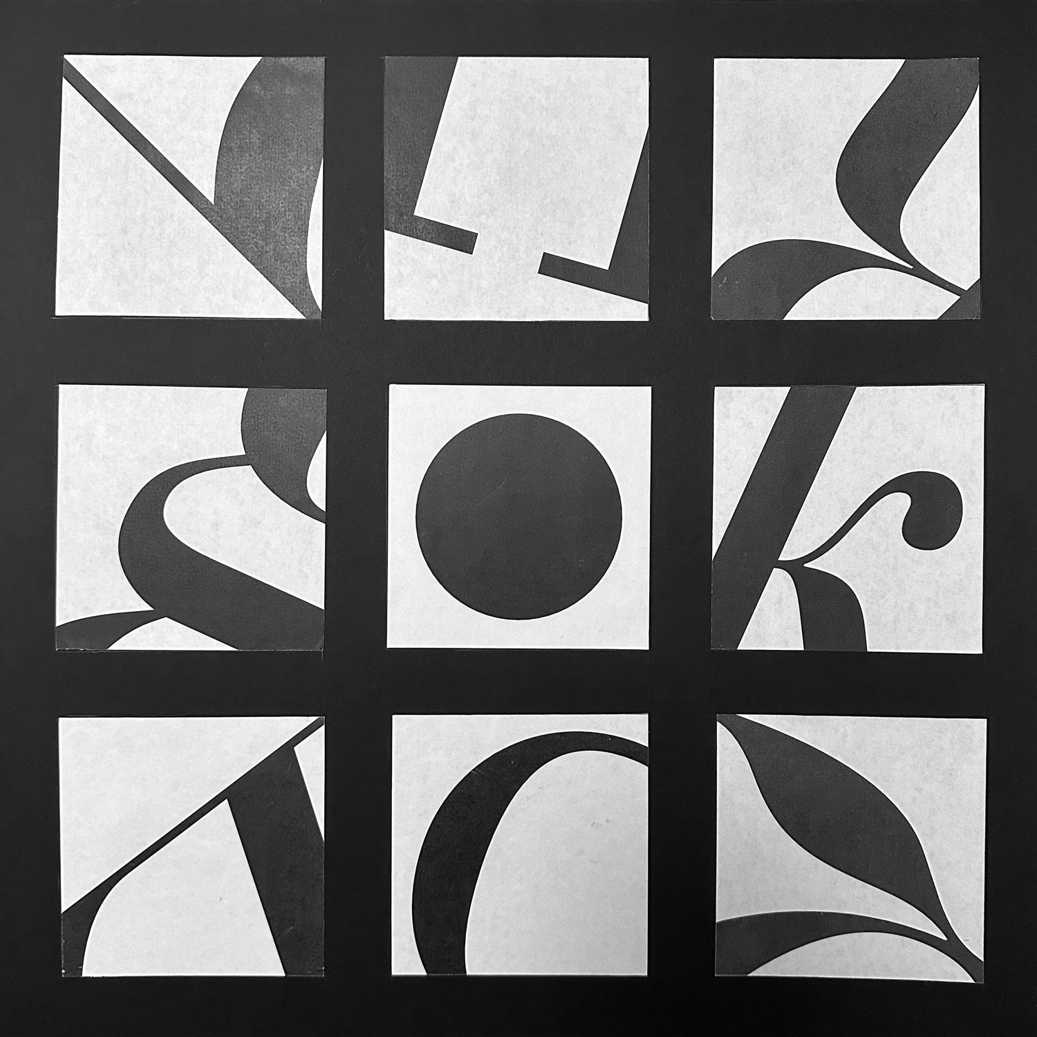 Abstract black and white grid artwork featuring nine squares with bold typographic letterform fragments arranged in a 3x3 pattern.