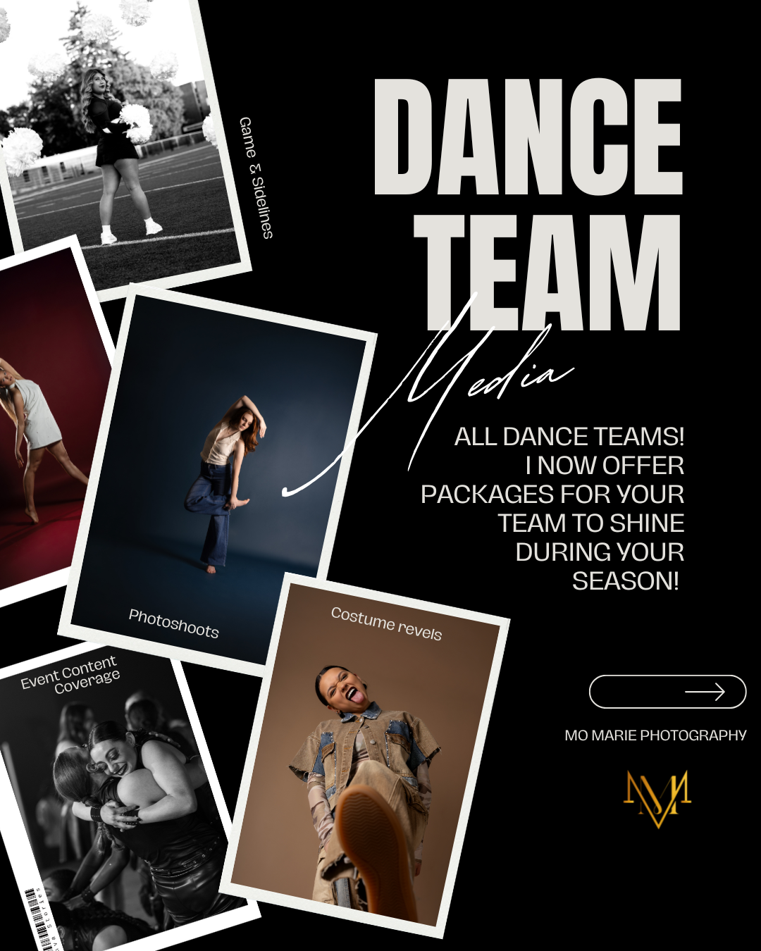 Mo Marie Photography dance team media packages flyer featuring dancers in photoshoots, costume reveals, and event coverage.