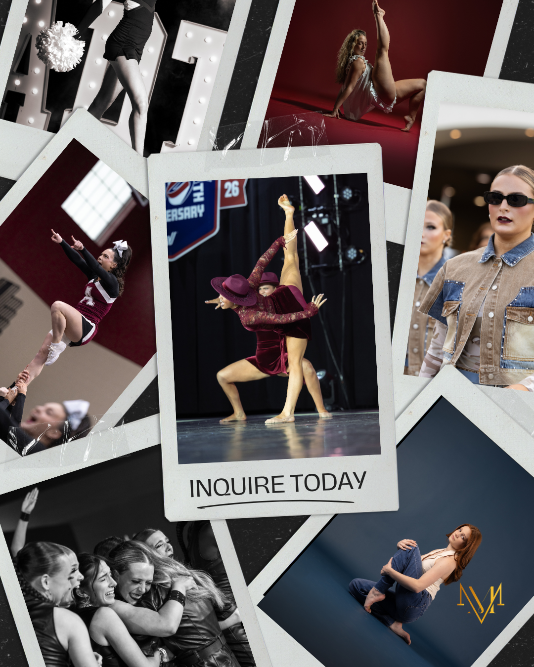 Collage of dance performance photos with an Inquire Today call-to-action overlay, showcasing various styles and competitions.