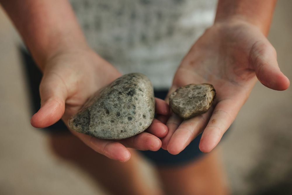 Child's hands holding two smooth gray rocks outdoors, showcasing natural stones collected from nature.