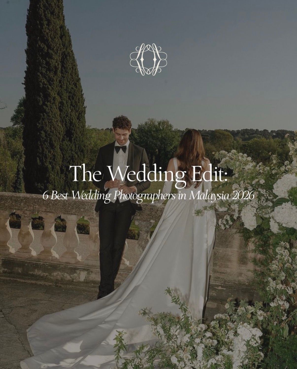 A couple poses elegantly at a European venue, featured in The Wedding Edit showcasing Malaysia's best wedding photographers 2026.