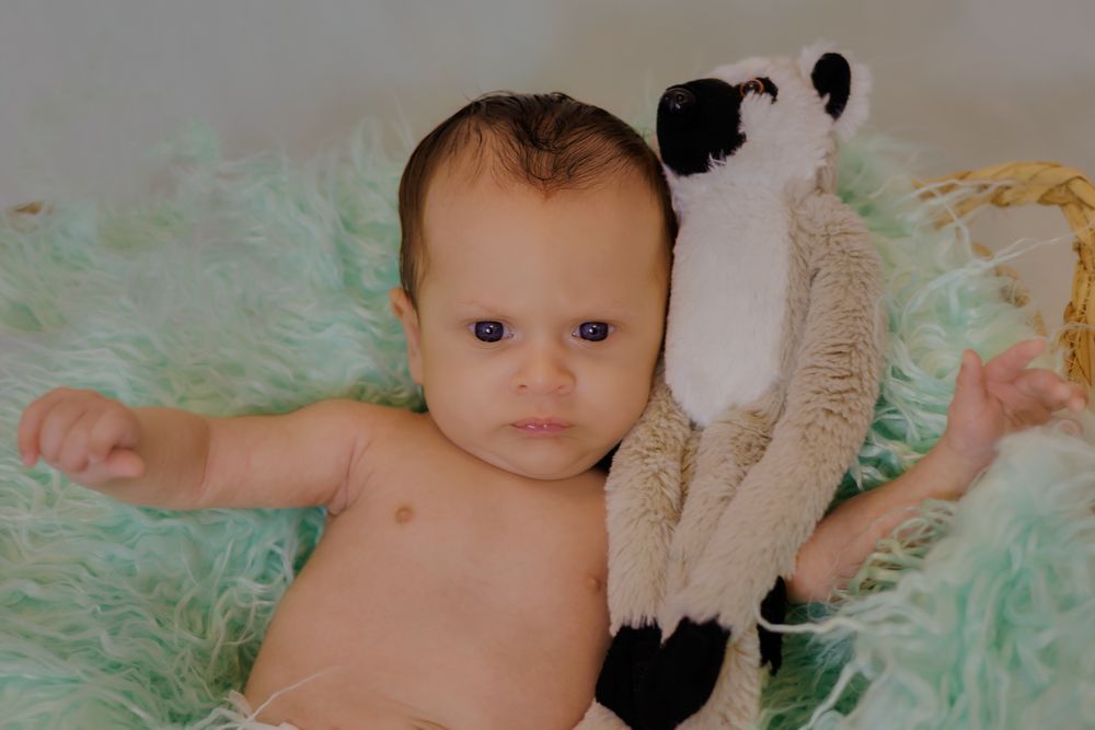 Adorable baby lying in a green fluffy basket cuddling a stuffed animal toy.