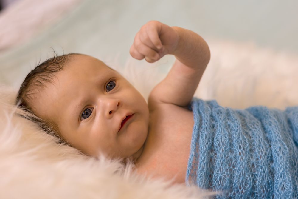 Newborn baby wrapped in blue knit blanket lying on white fluffy fur, raising tiny fist while looking at camera.