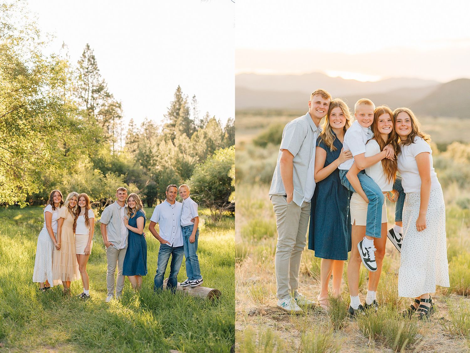 Family portrait session with parents and children posing outdoors in golden hour light among green meadows and mountains.
