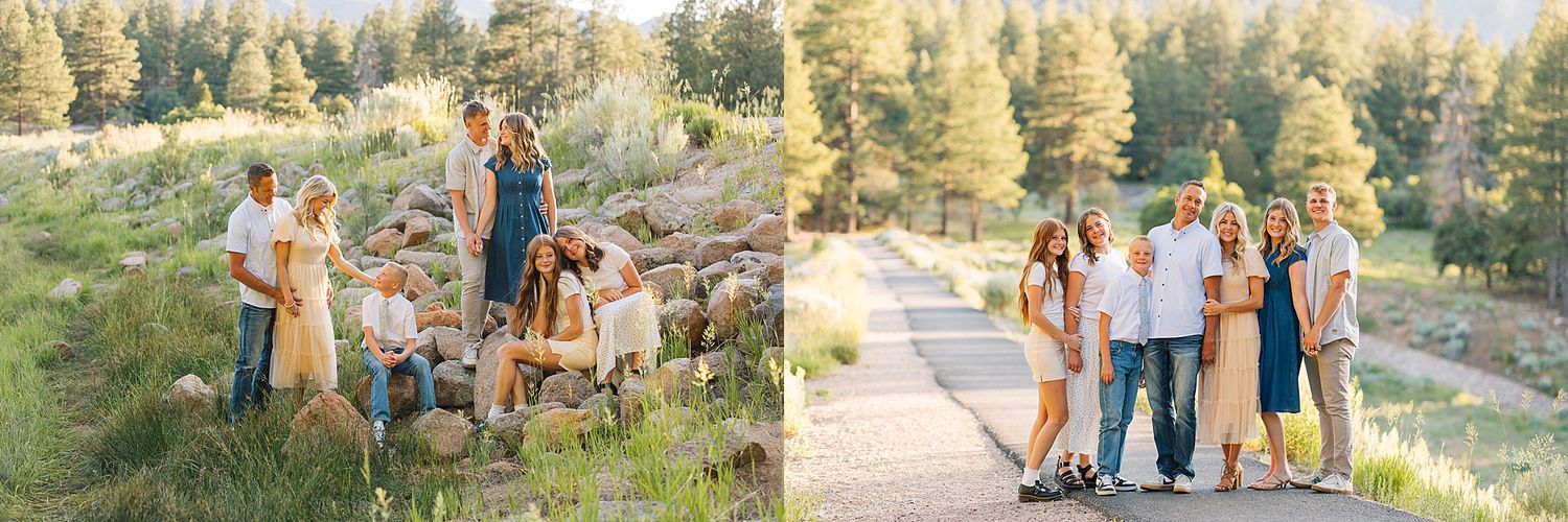 Family portrait session in a pine forest, parents and children posing on rocky terrain in golden hour light.