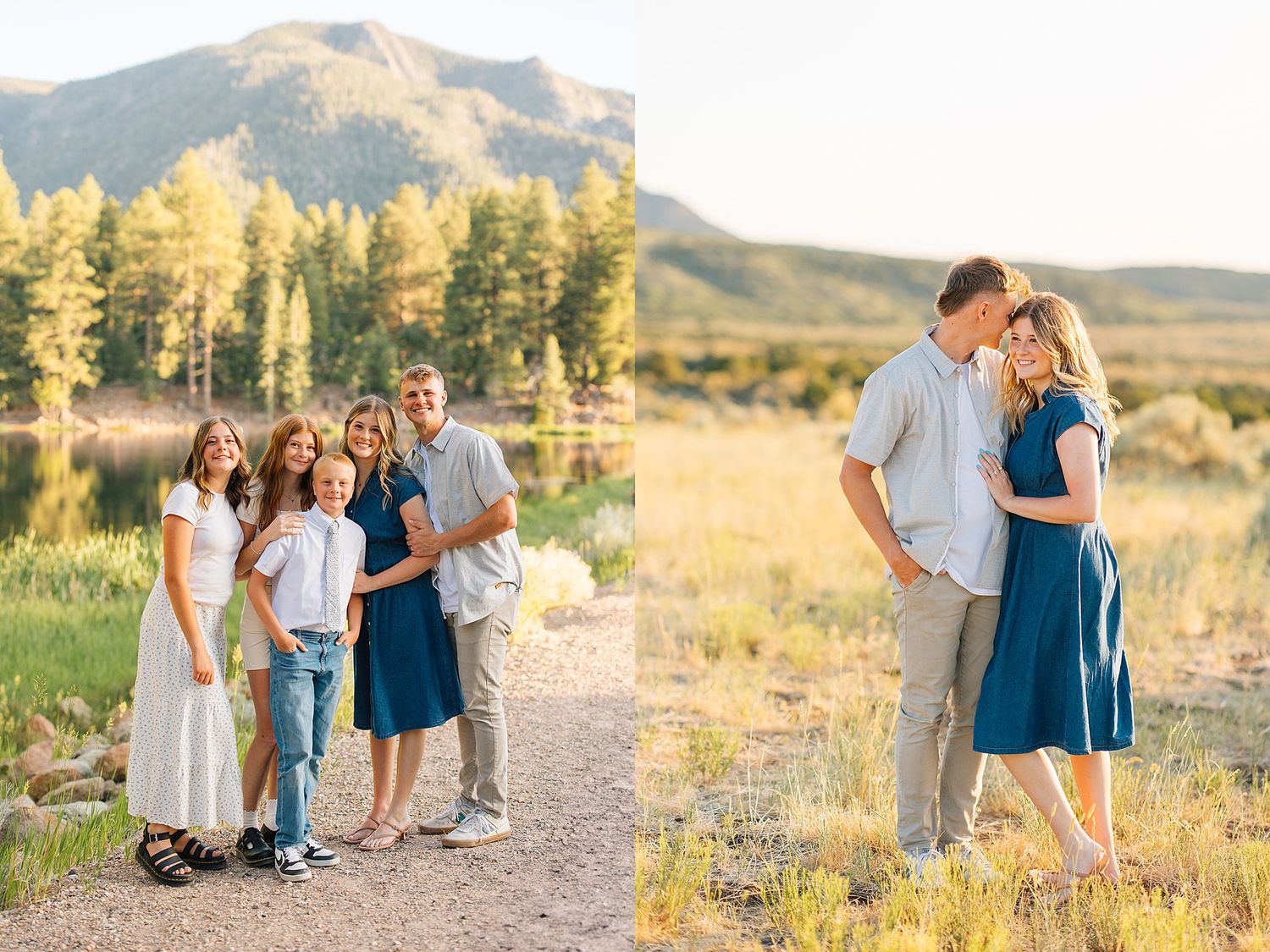 Family of four poses near a mountain lake in Colorado, with a couple sharing a tender moment in a sunny field nearby.