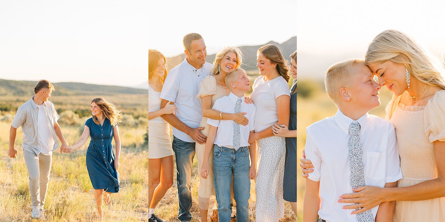 Family of five posing outdoors in golden desert light, wearing coordinated neutral and blue outfits during a professional photo session.