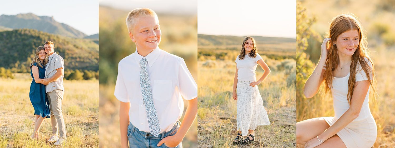 Golden hour family portrait session in an open field with mountains, featuring a couple embracing and two teens posing in white outfits.