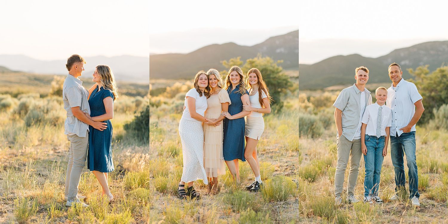 Family portrait session in golden hour light with mountains, featuring couples and children in coordinating blue and white outfits outdoors.