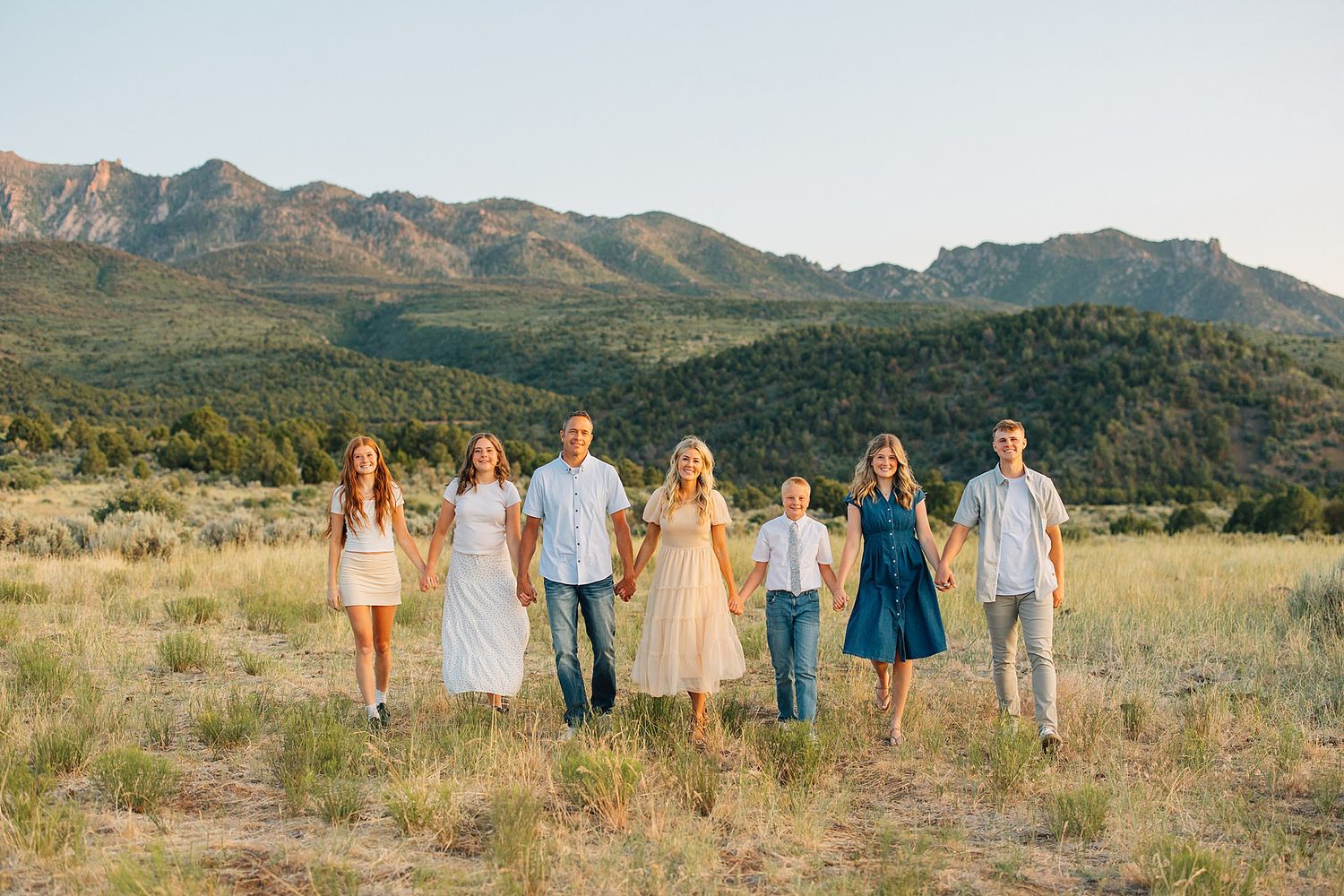 Family of seven holding hands in a golden meadow with mountain backdrop during sunset.