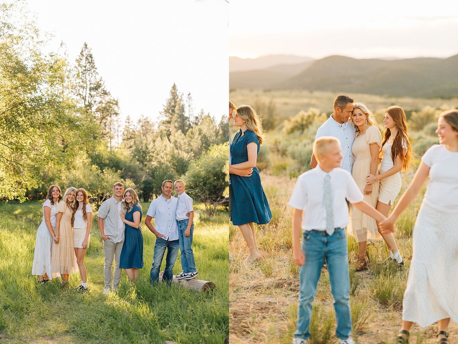 Family portrait session in a sunlit meadow with mountains, wearing coordinated white and blue outfits during golden hour.