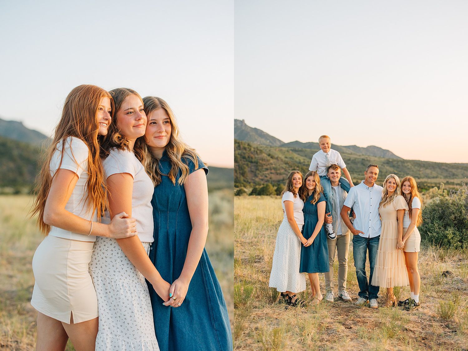 Two girls pose in a golden field at sunset with mountains behind, beside a family portrait in a scenic outdoor setting.