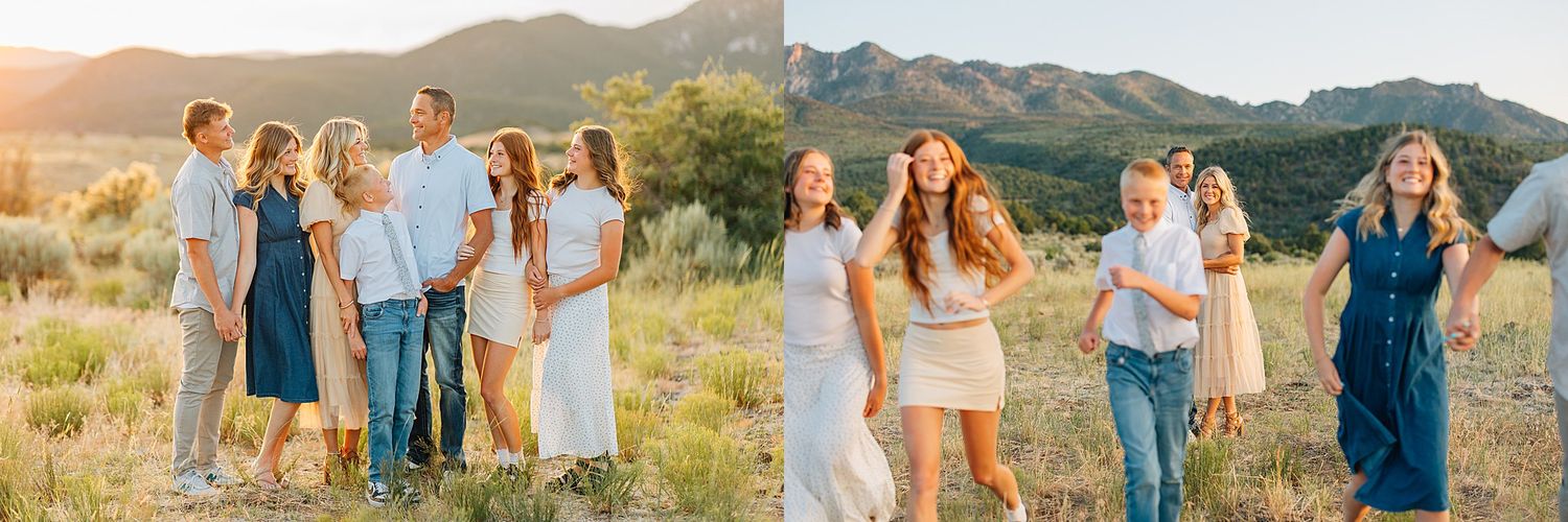 A family poses together in a sunny mountain meadow, wearing white and blue outfits, with golden hills in the background.
