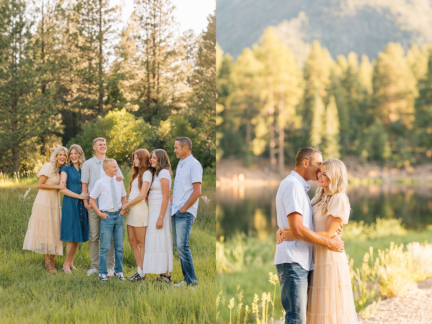 Family portrait in a sunny meadow with tall pines, beside a serene mountain lake with a couple sharing a tender kiss.