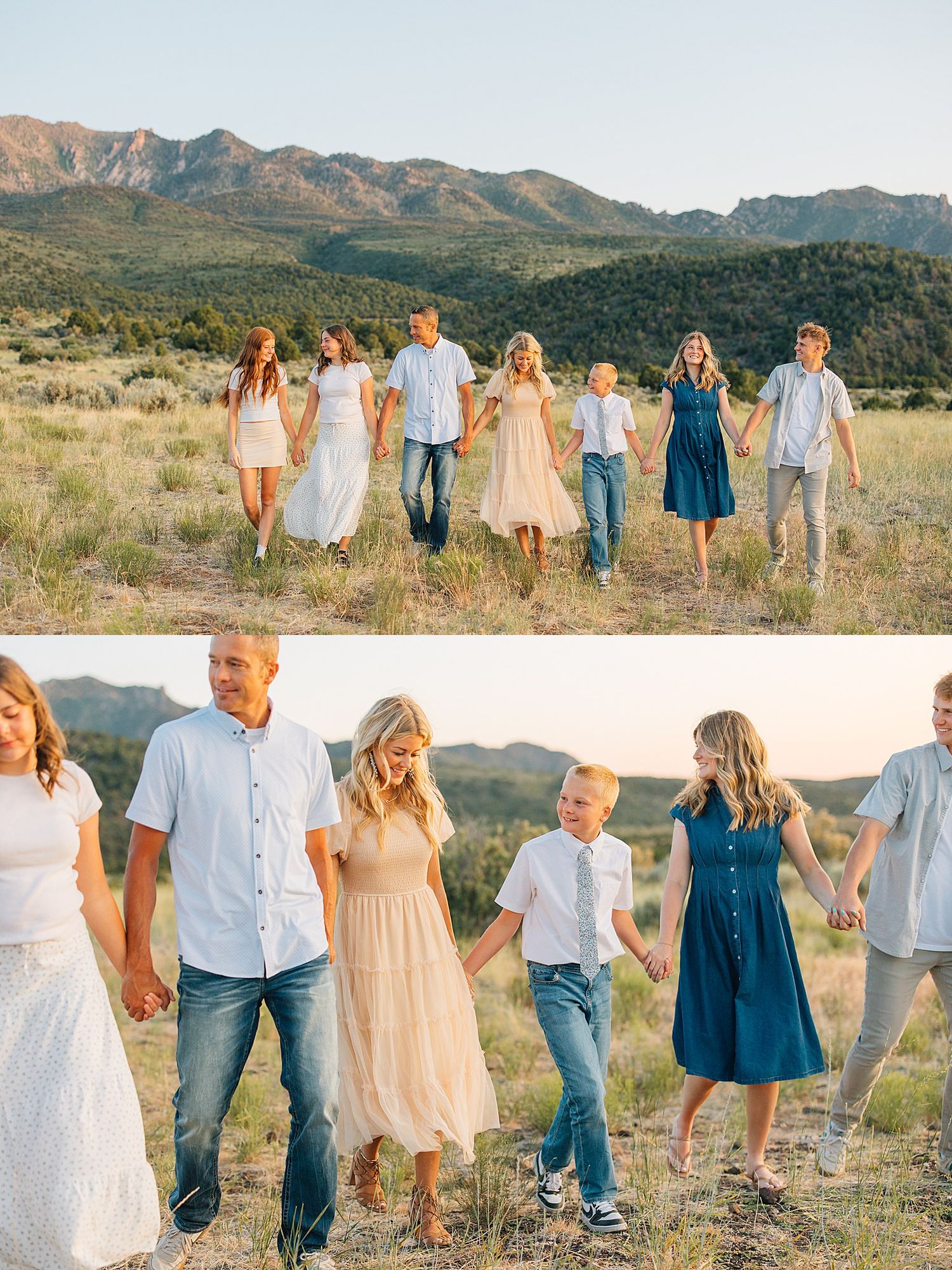 Family walking hand-in-hand in a sunny mountain meadow, wearing coordinated outfits in white, blue, and beige tones.