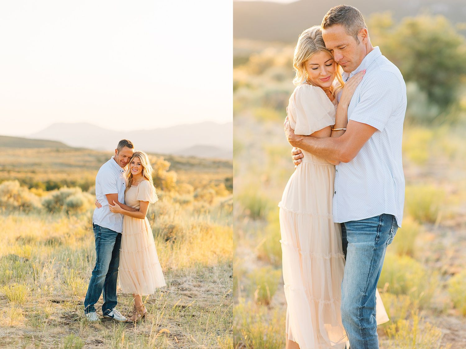 Couple embracing at golden hour in desert landscape, woman in flowy dress and man in white shirt and jeans.