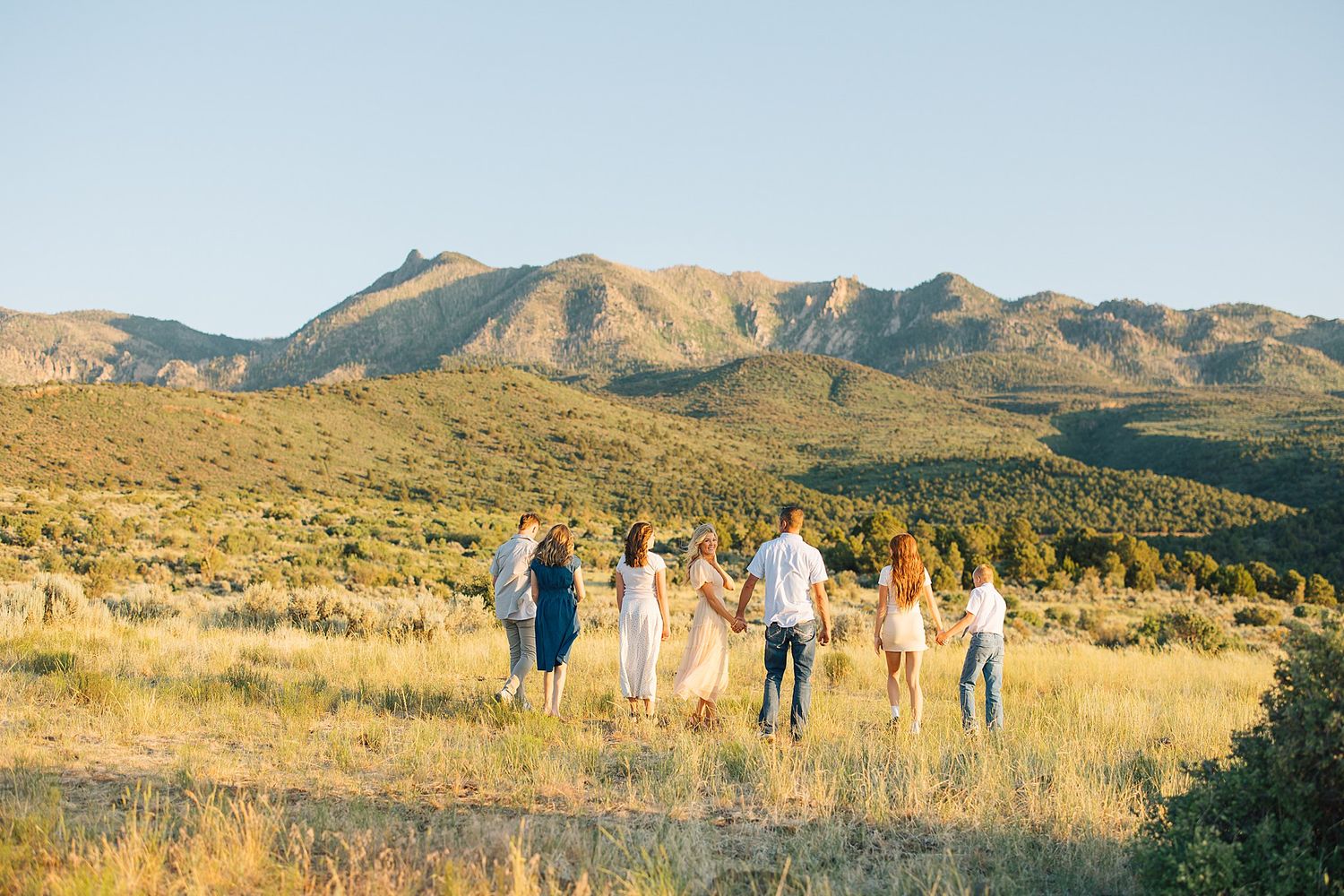 Family group walking hand-in-hand through golden meadow with scenic mountain range backdrop in warm sunset light.