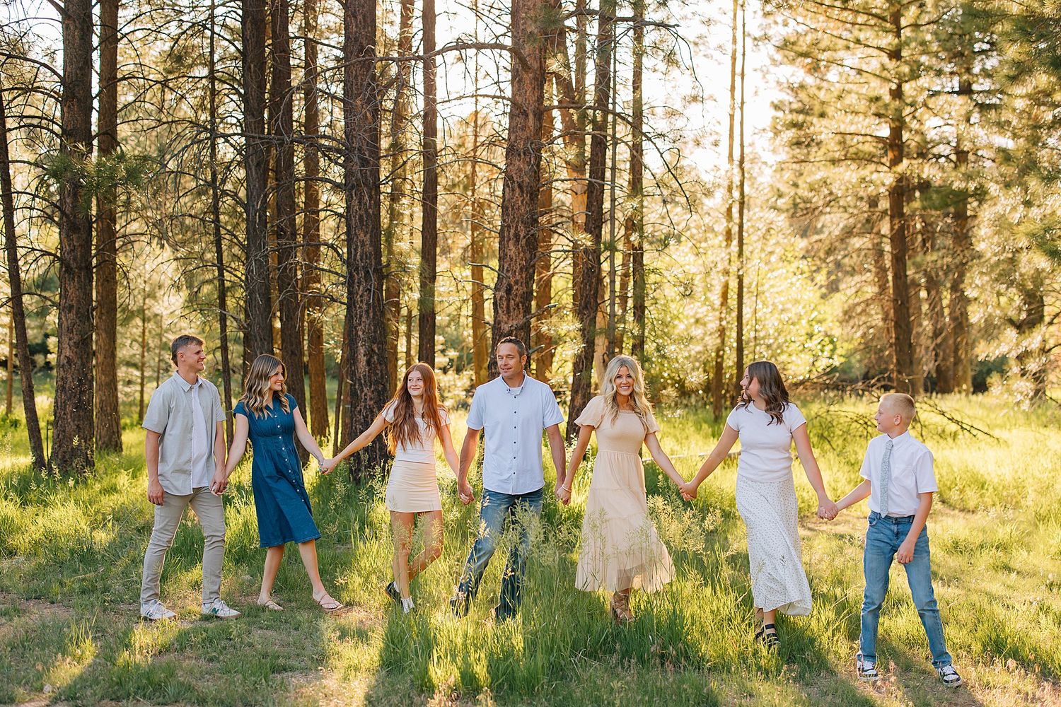 Family of seven holding hands walking through a sunlit pine forest meadow in coordinated neutral outfits.
