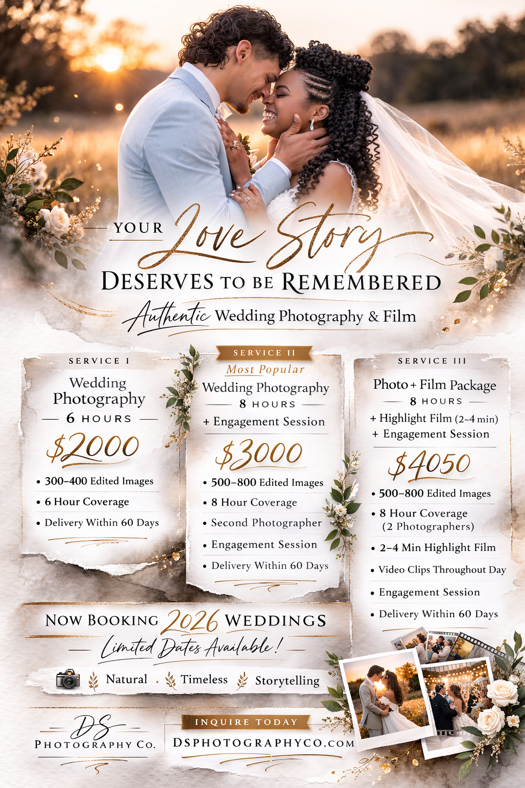 Wedding photography pricing guide template with golden sunset photos and service package details for 2024 bookings.